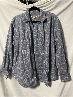 Eddie Bauer Blue Button-Down Shirt with Pink Floral Print